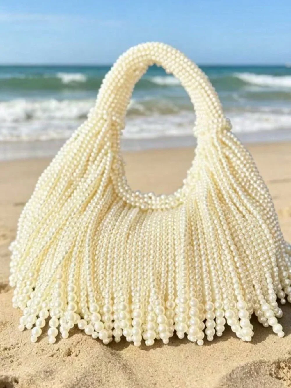 Beige Glamorous Women's Faux Pearl Beads Bag